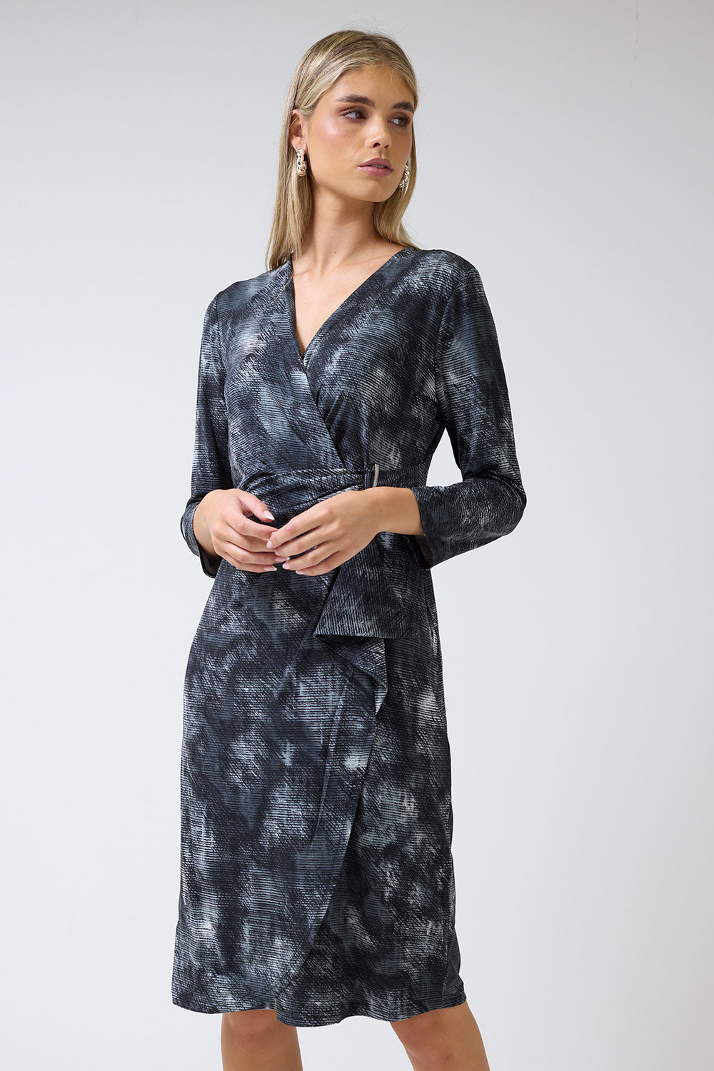 Jane V-Neck Printed Belt Detail Midi Dress in Black