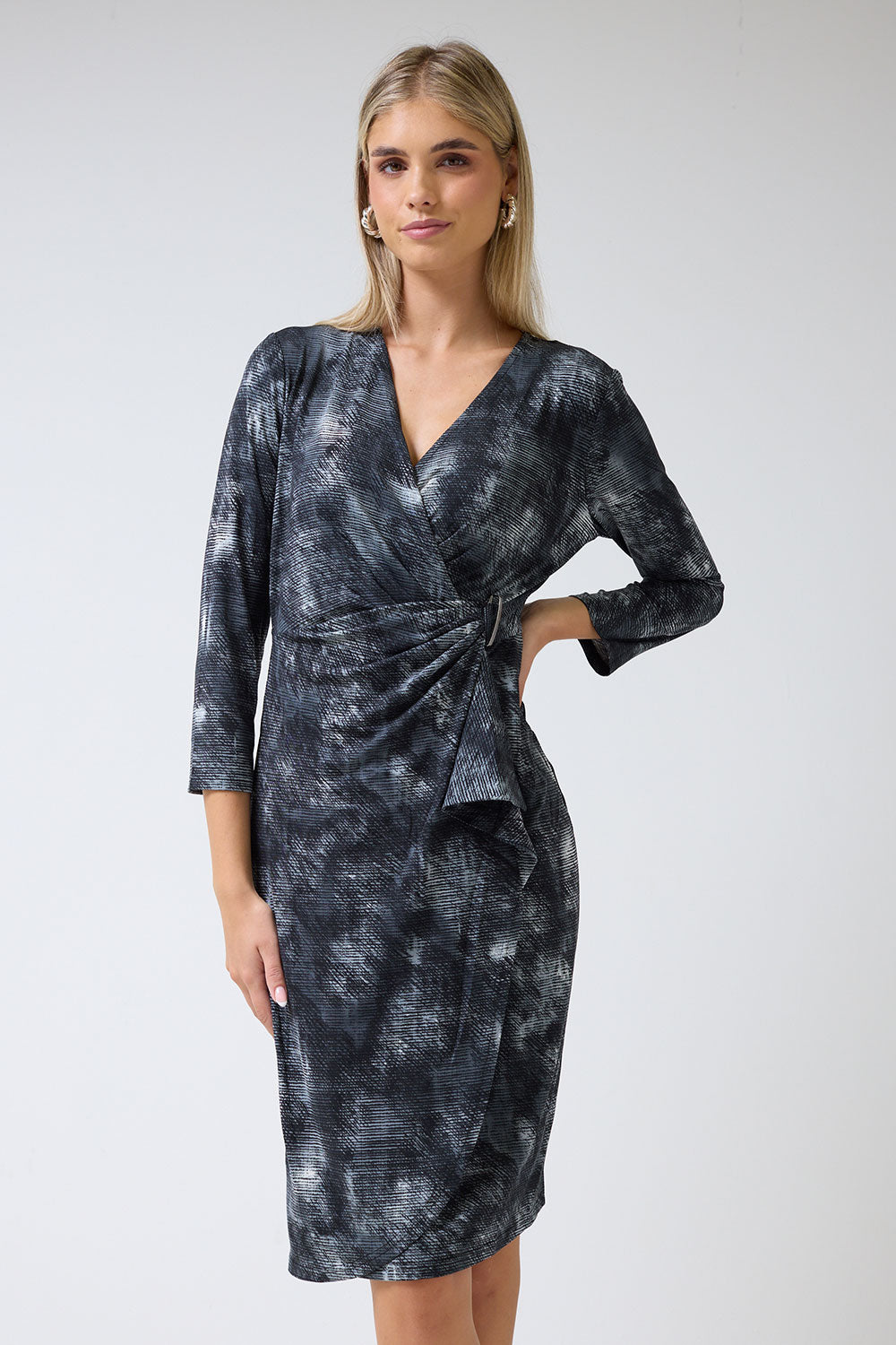 Jane V-Neck Printed Belt Detail Midi Dress in Black