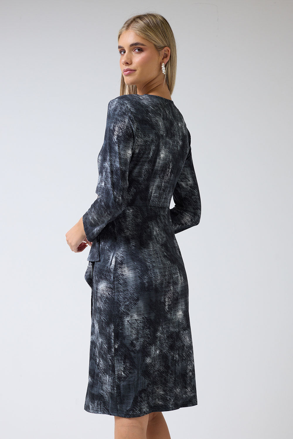 Jane V-Neck Printed Belt Detail Midi Dress in Black