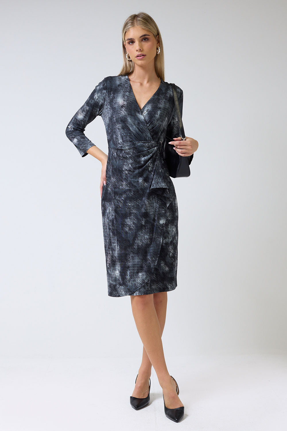 Jane V-Neck Printed Belt Detail Midi Dress in Black