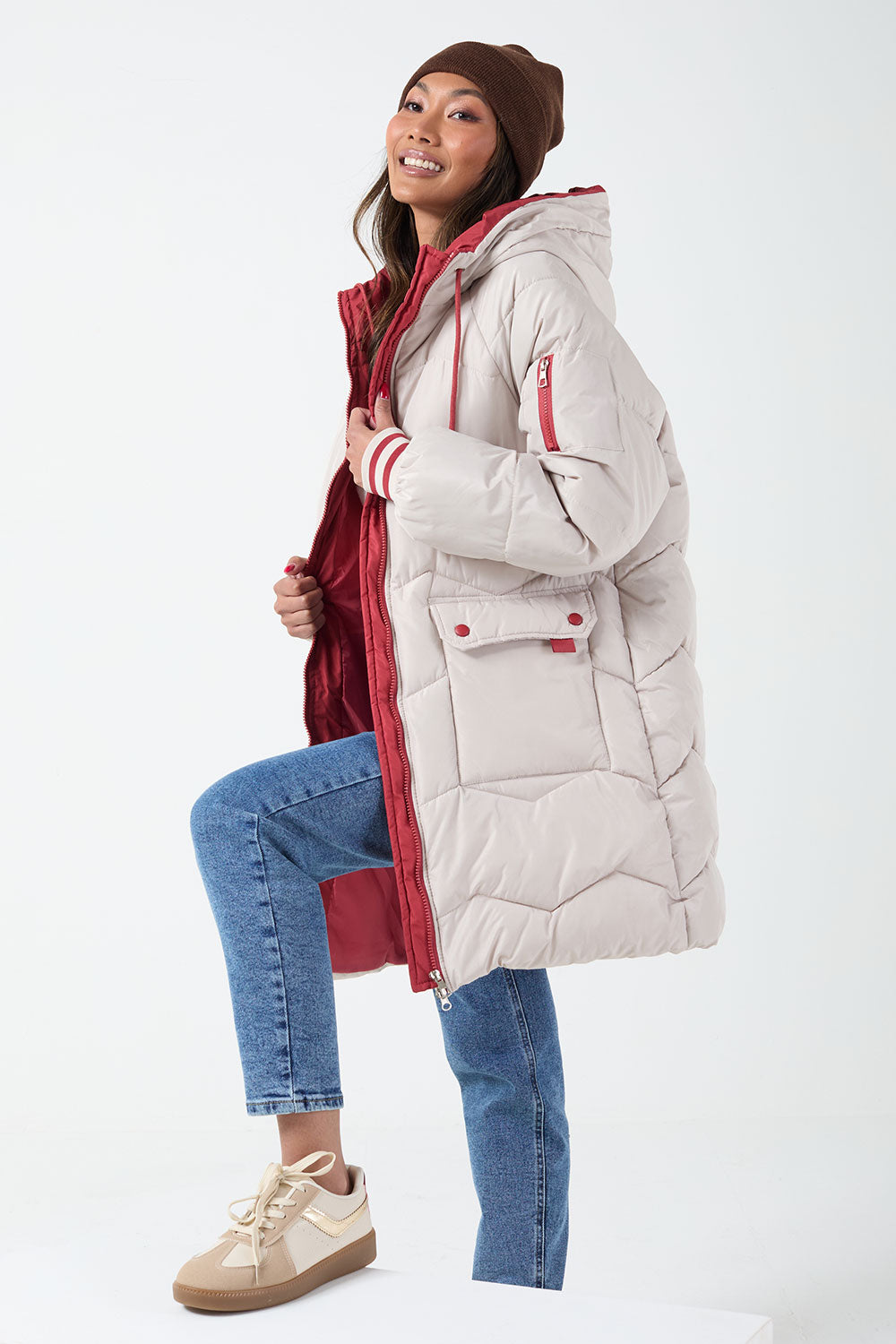 Eve Padded Contrast Jacket in Beige