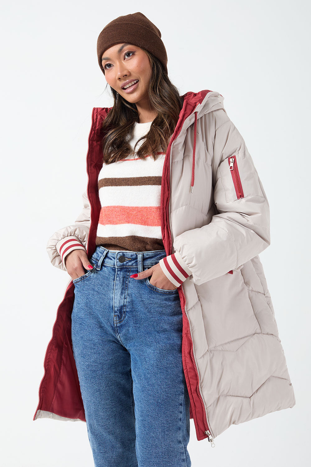 Eve Padded Contrast Jacket in Beige