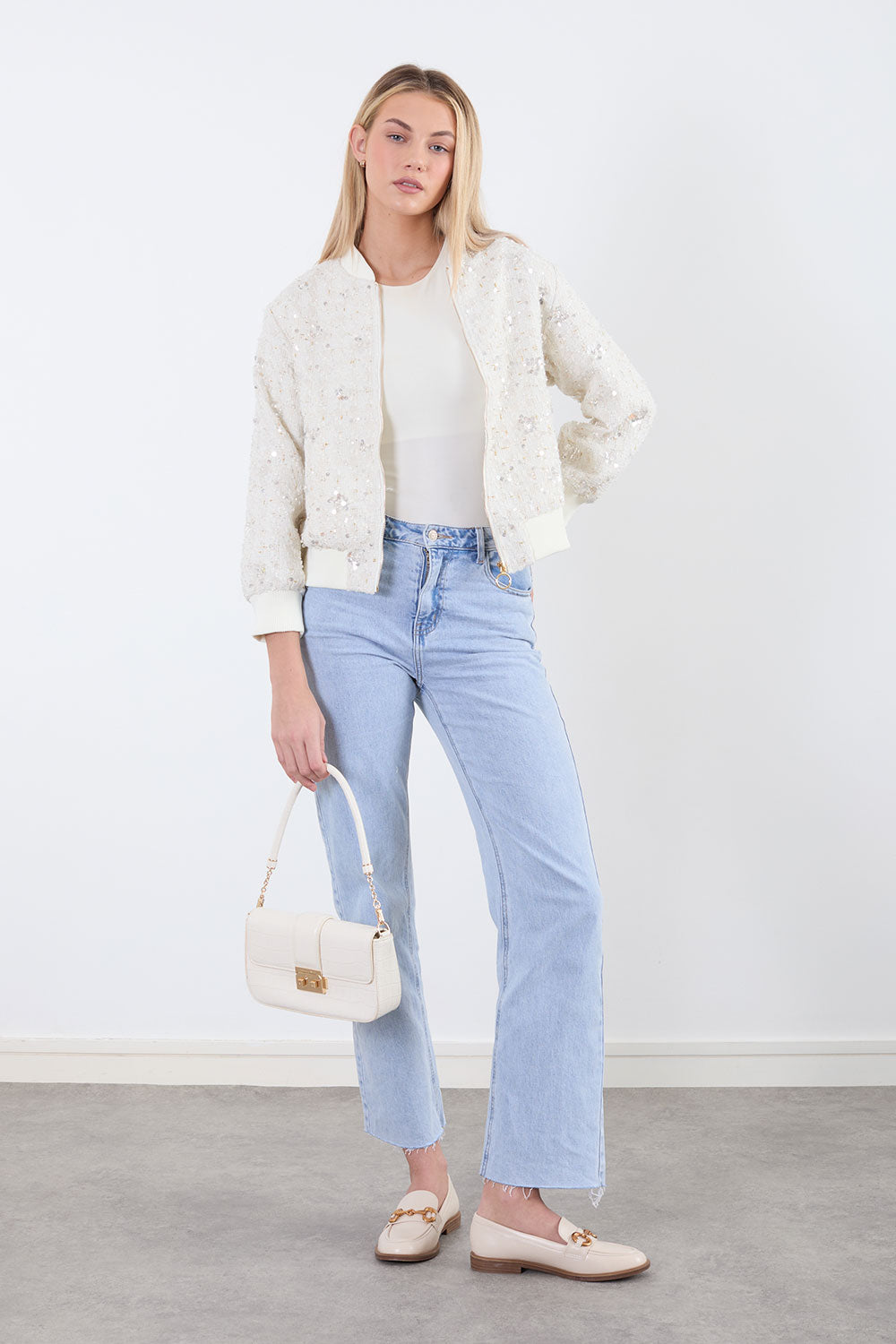 Charlize Sequin Bomber Jacket In Cream