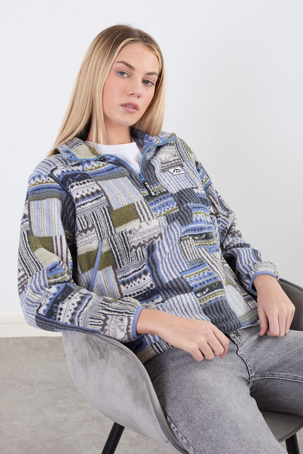 POLLY HALF ZIP PRINTED FLEECE - BLUE BLANKET