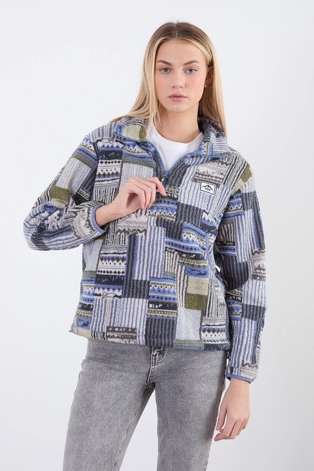 POLLY HALF ZIP PRINTED FLEECE - BLUE BLANKET
