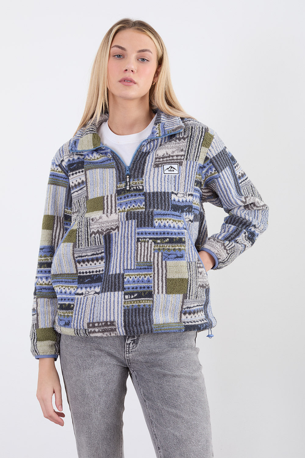 POLLY HALF ZIP PRINTED FLEECE - BLUE BLANKET