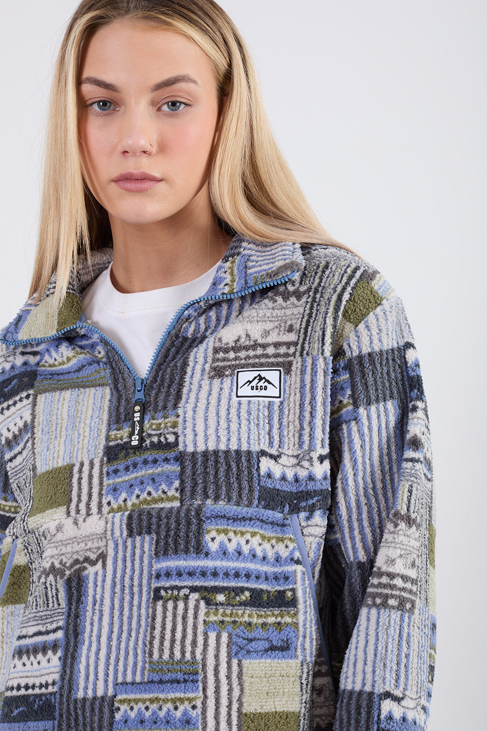 POLLY HALF ZIP PRINTED FLEECE - BLUE BLANKET