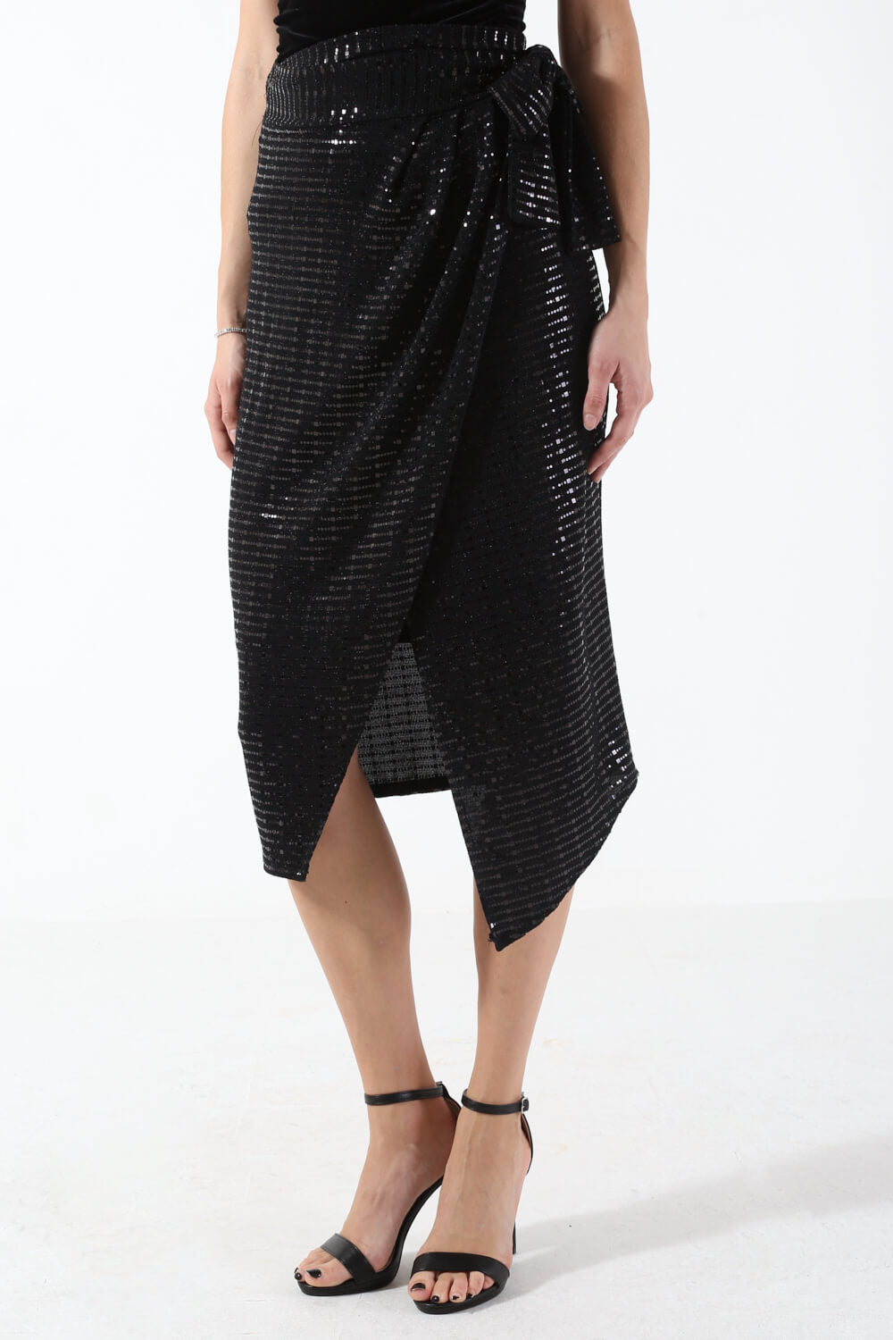 Jaxon Black Sequin Wrap Midi Skirt in Black