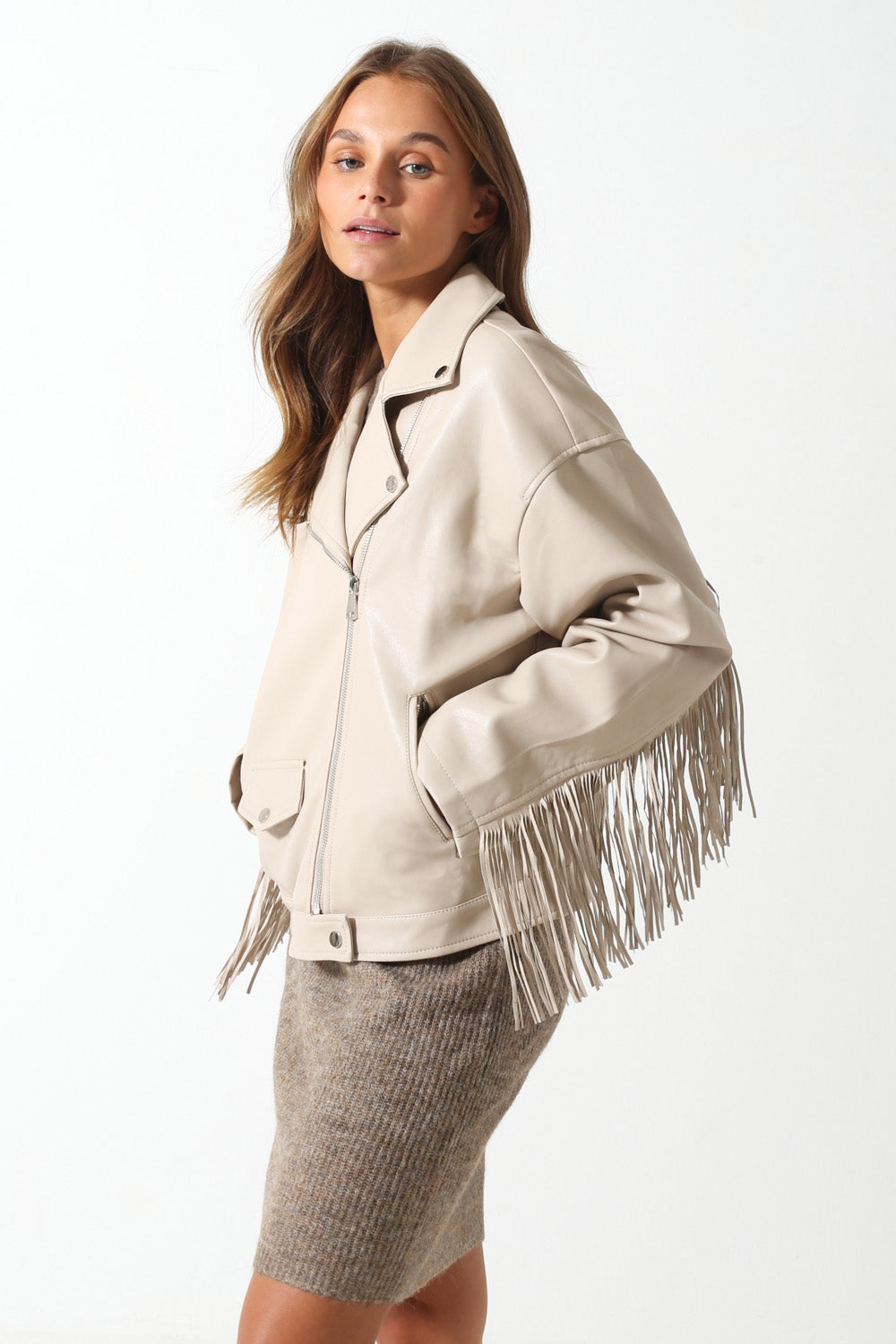 Florence Fringed Faux Leather Jacket in Beige