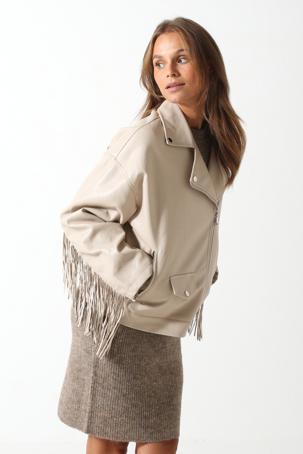 Florence Fringed Faux Leather Jacket in Beige