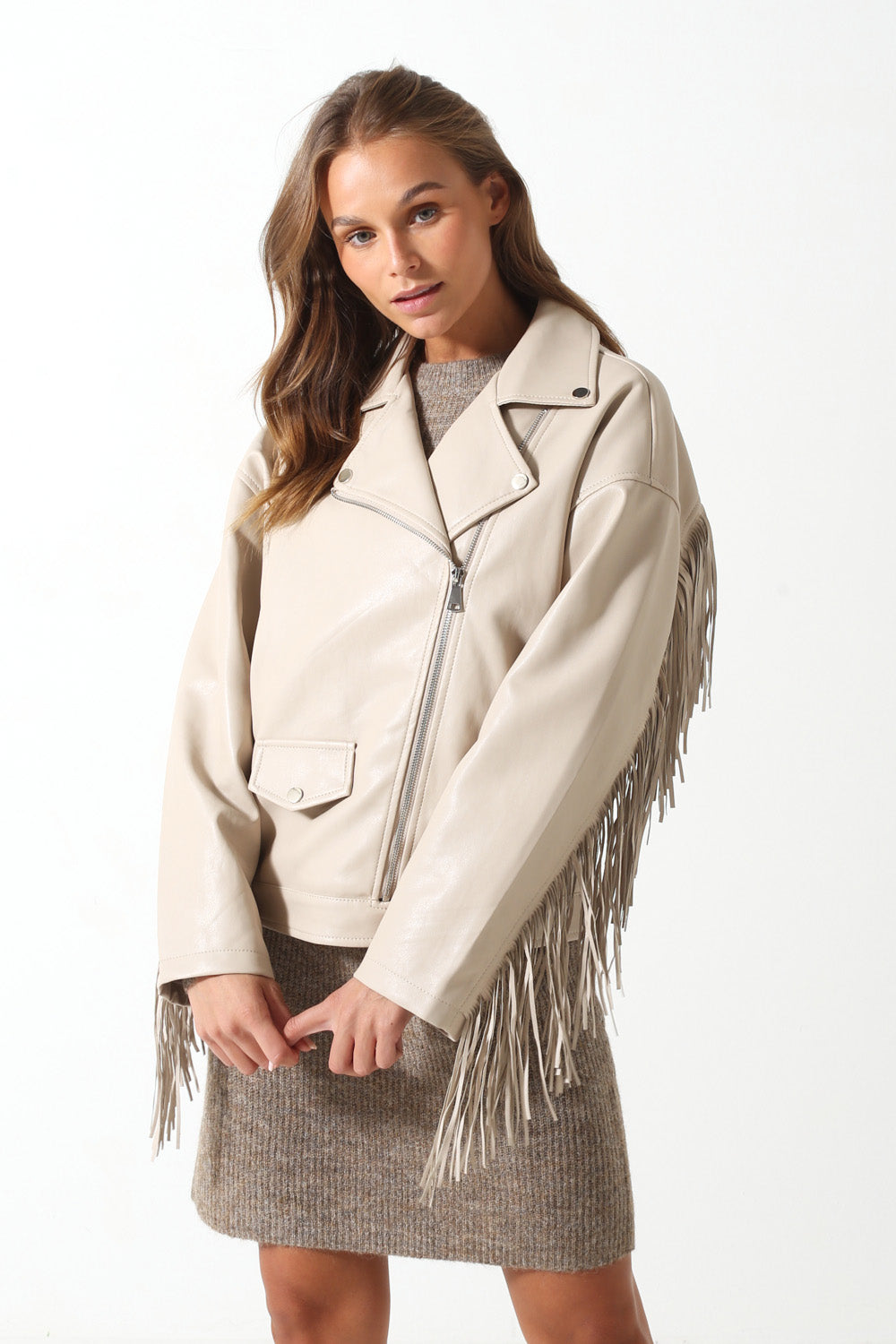 Florence Fringed Faux Leather Jacket in Beige