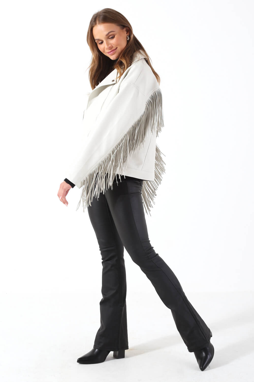 Florence Fringed Faux Leather Jacket in Cream