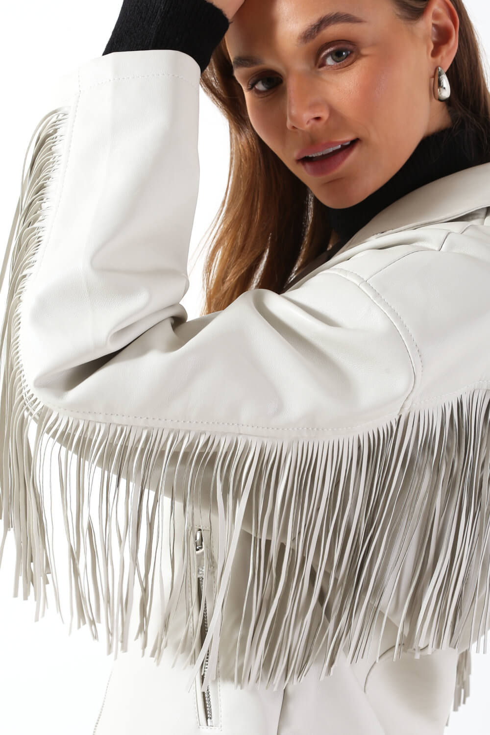 Florence Fringed Faux Leather Jacket in Cream