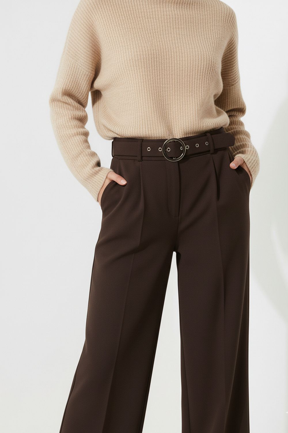 Maggie Stretch Wide Leg Belt Trouser in Chocolate