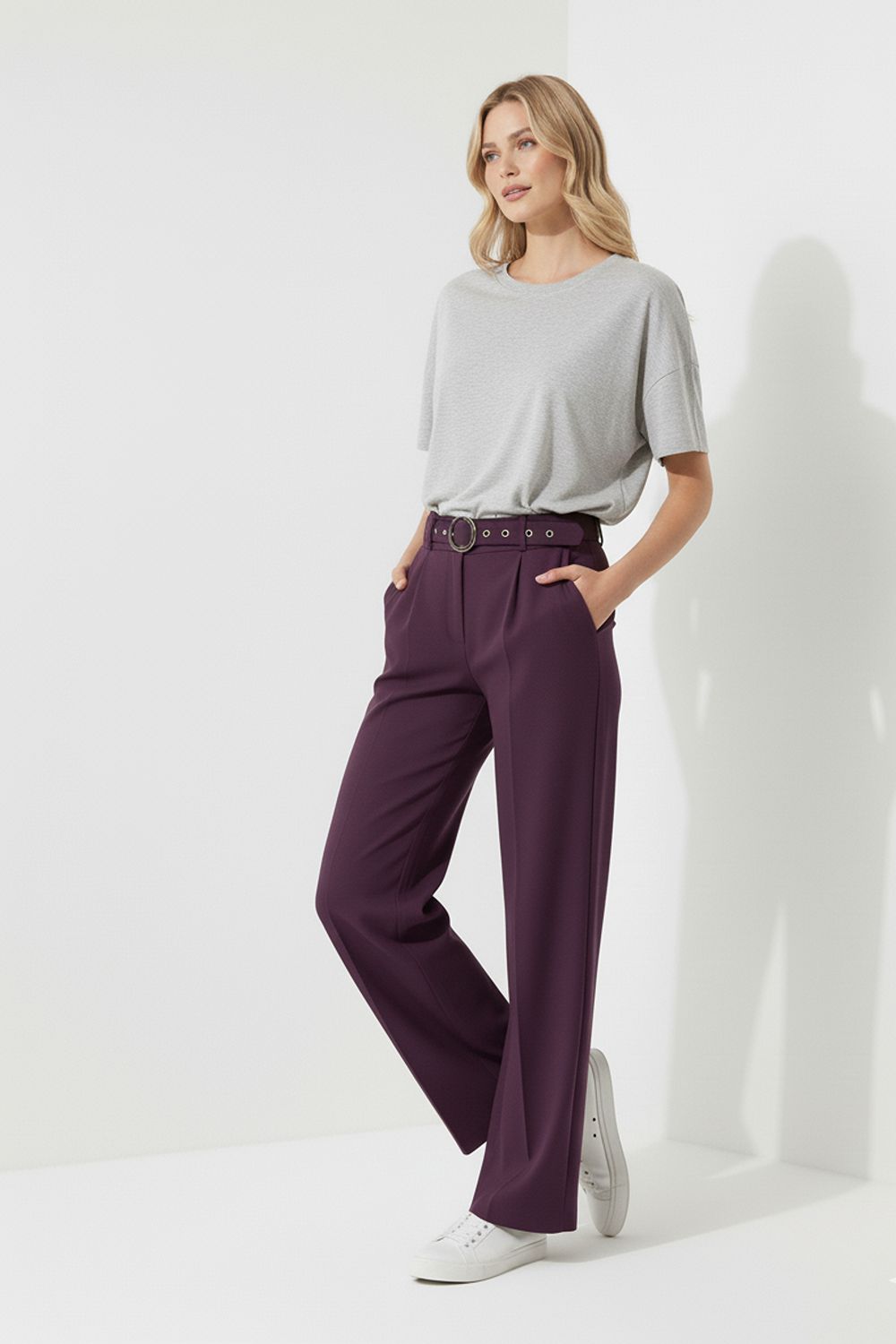 Maggie Stretch Wide Leg Belt Trouser in Plum