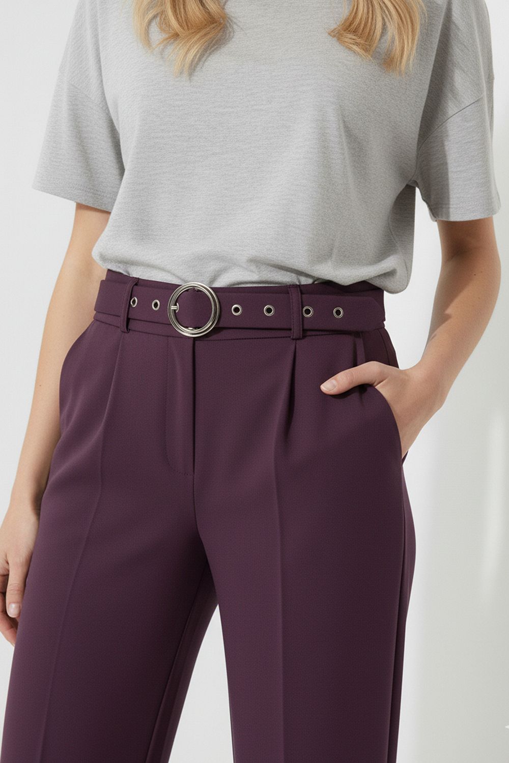 Maggie Stretch Wide Leg Belt Trouser in Plum