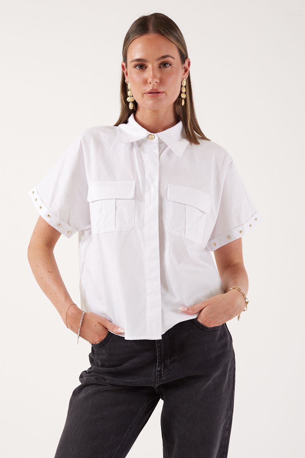 Oneil Cotton Shirt with Gold Studs in White