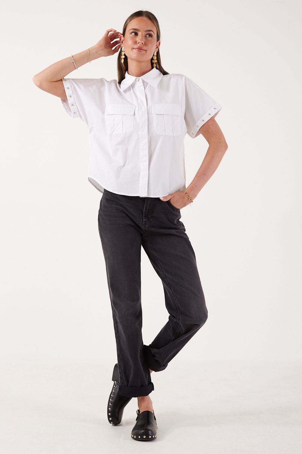 Oneil Cotton Shirt with Gold Studs in White