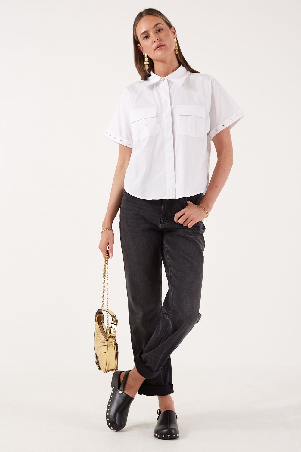 Oneil Cotton Shirt with Gold Studs in White