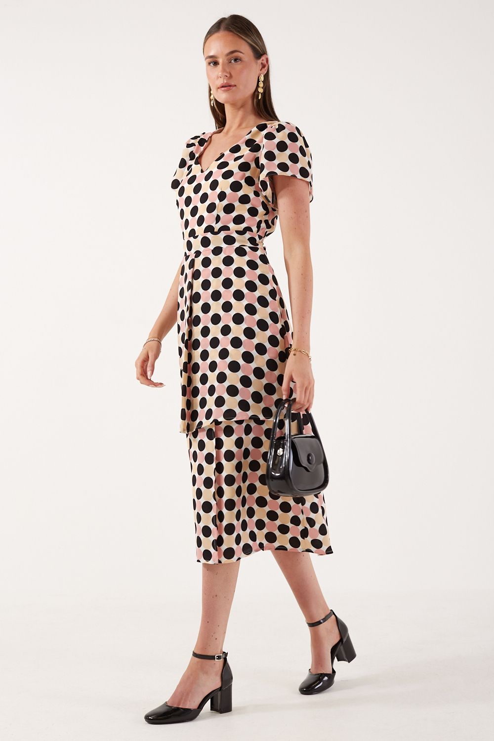 Charlotte Polka Dot Midi Dress in White and Pink