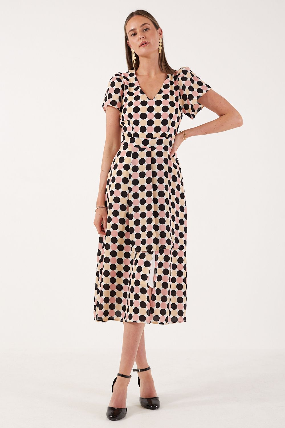 Charlotte Polka Dot Midi Dress in White and Pink