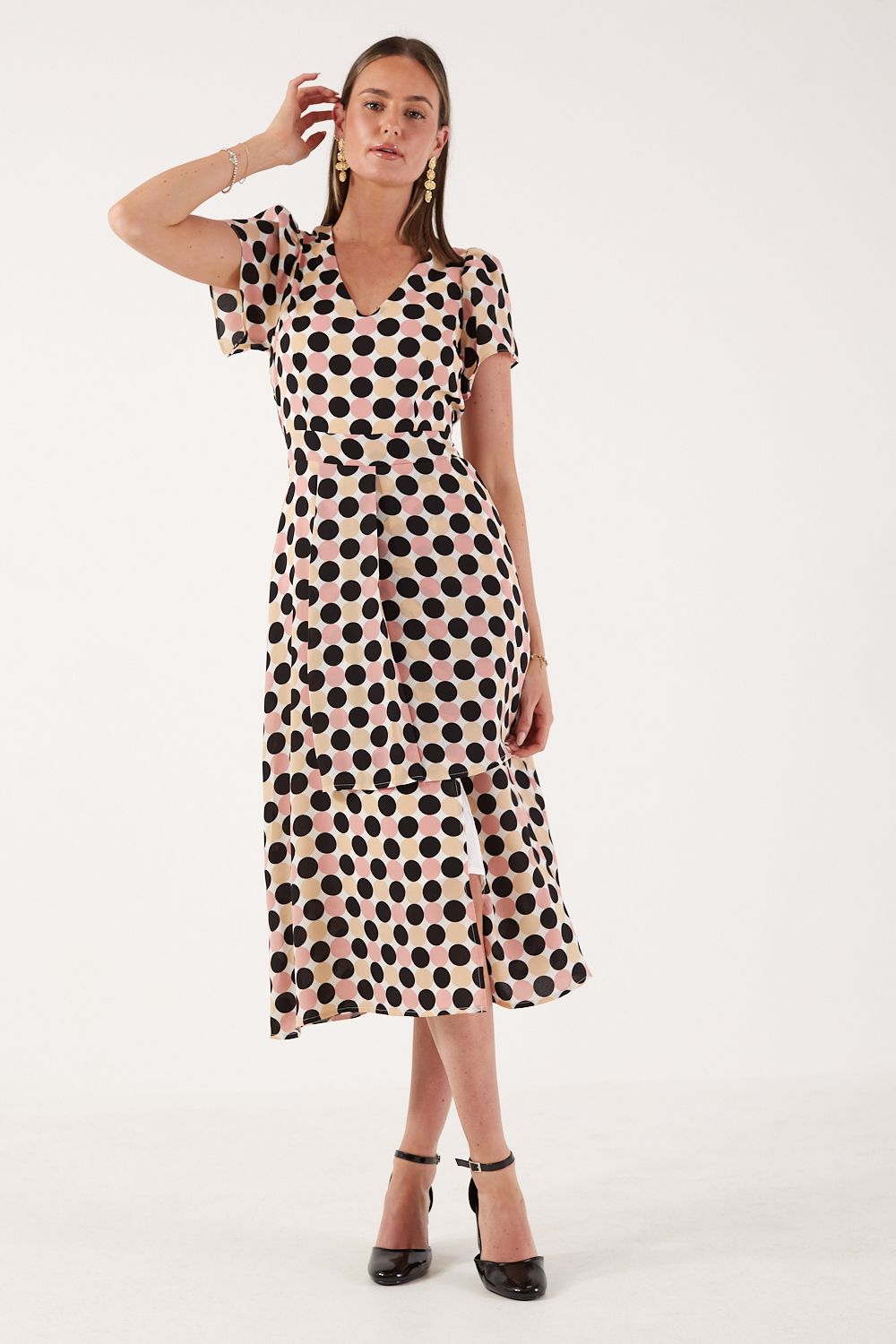 Charlotte Polka Dot Midi Dress in White and Pink
