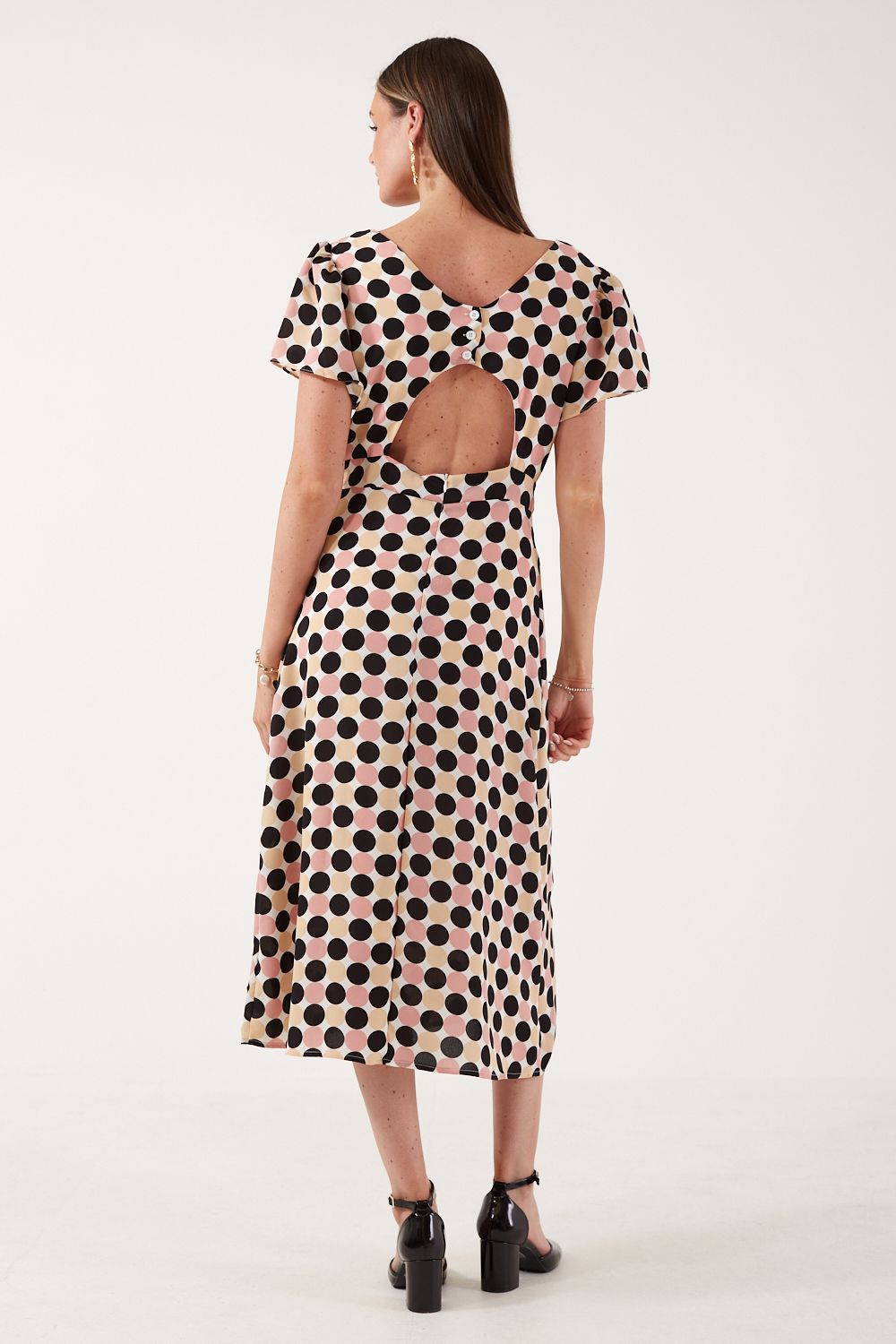 Charlotte Polka Dot Midi Dress in White and Pink