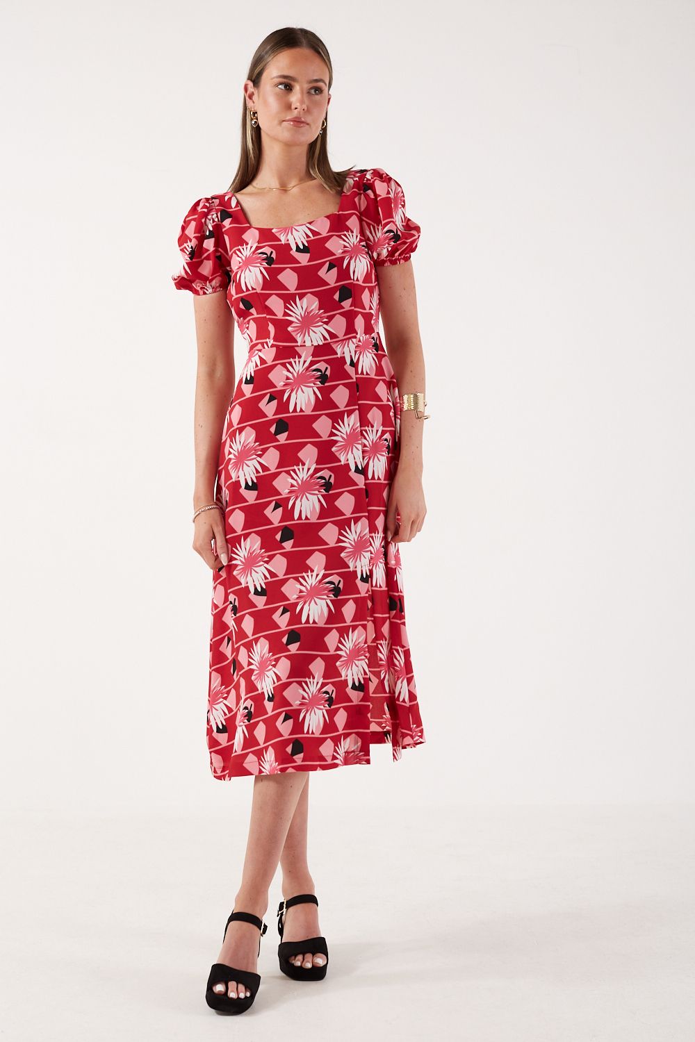 Andrea Abstract Print Midi Dress in Red