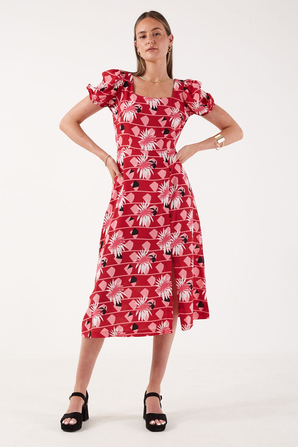 Andrea Abstract Print Midi Dress in Red