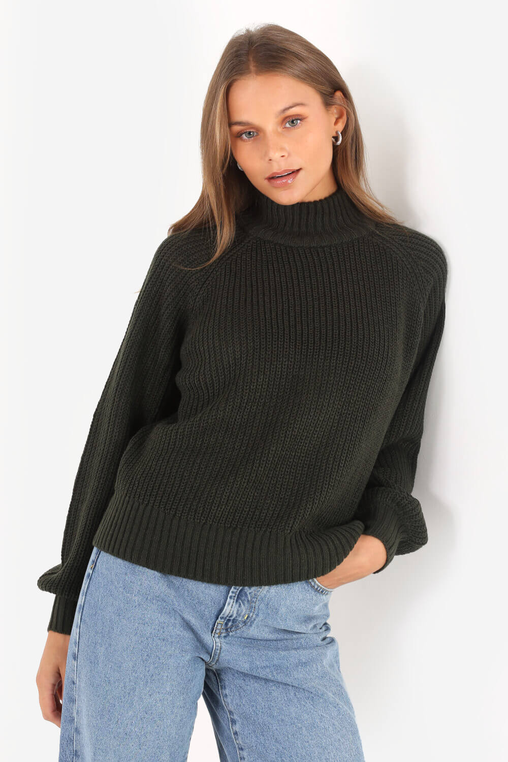 Timmy High Neck Rib Jumper in Pine Green