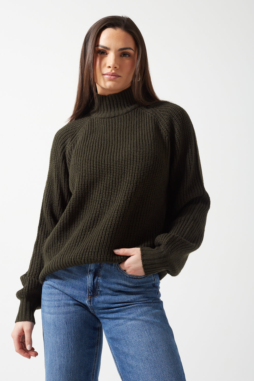 Timmy High Neck Rib Jumper in Pine Green