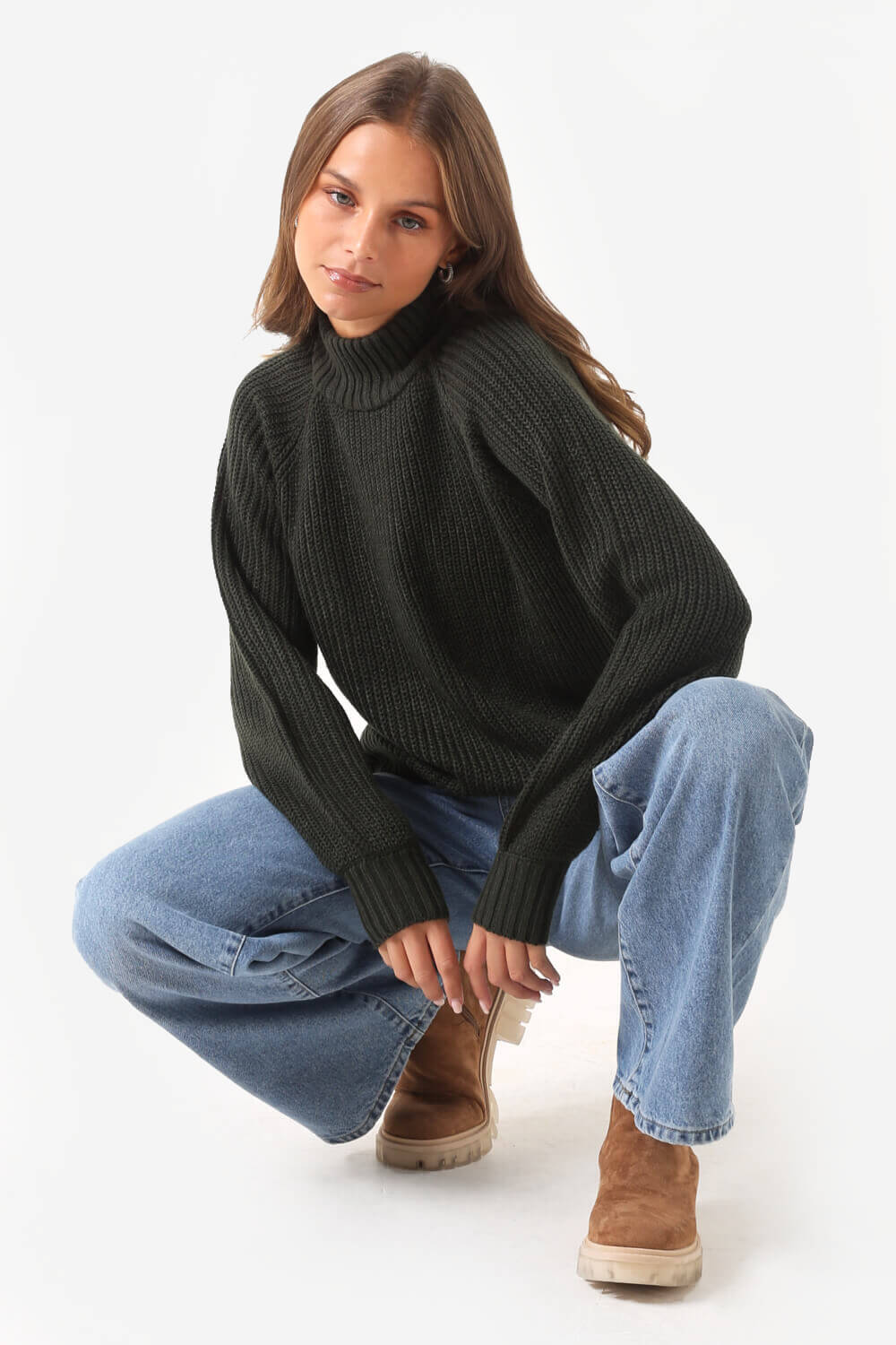 Timmy High Neck Rib Jumper in Pine Green