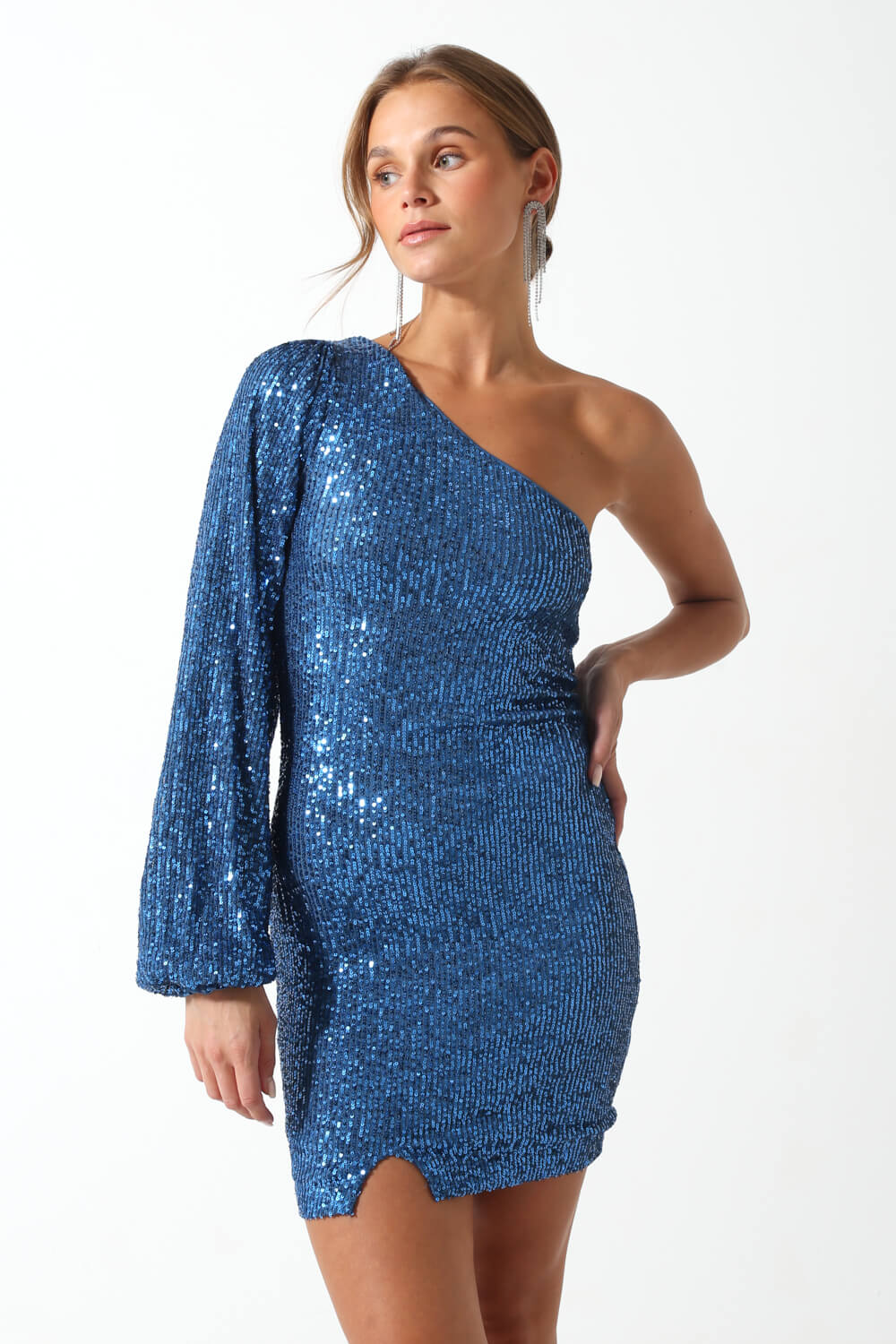 Scarlett L/S One Shoulder Sequin Dress in Blue