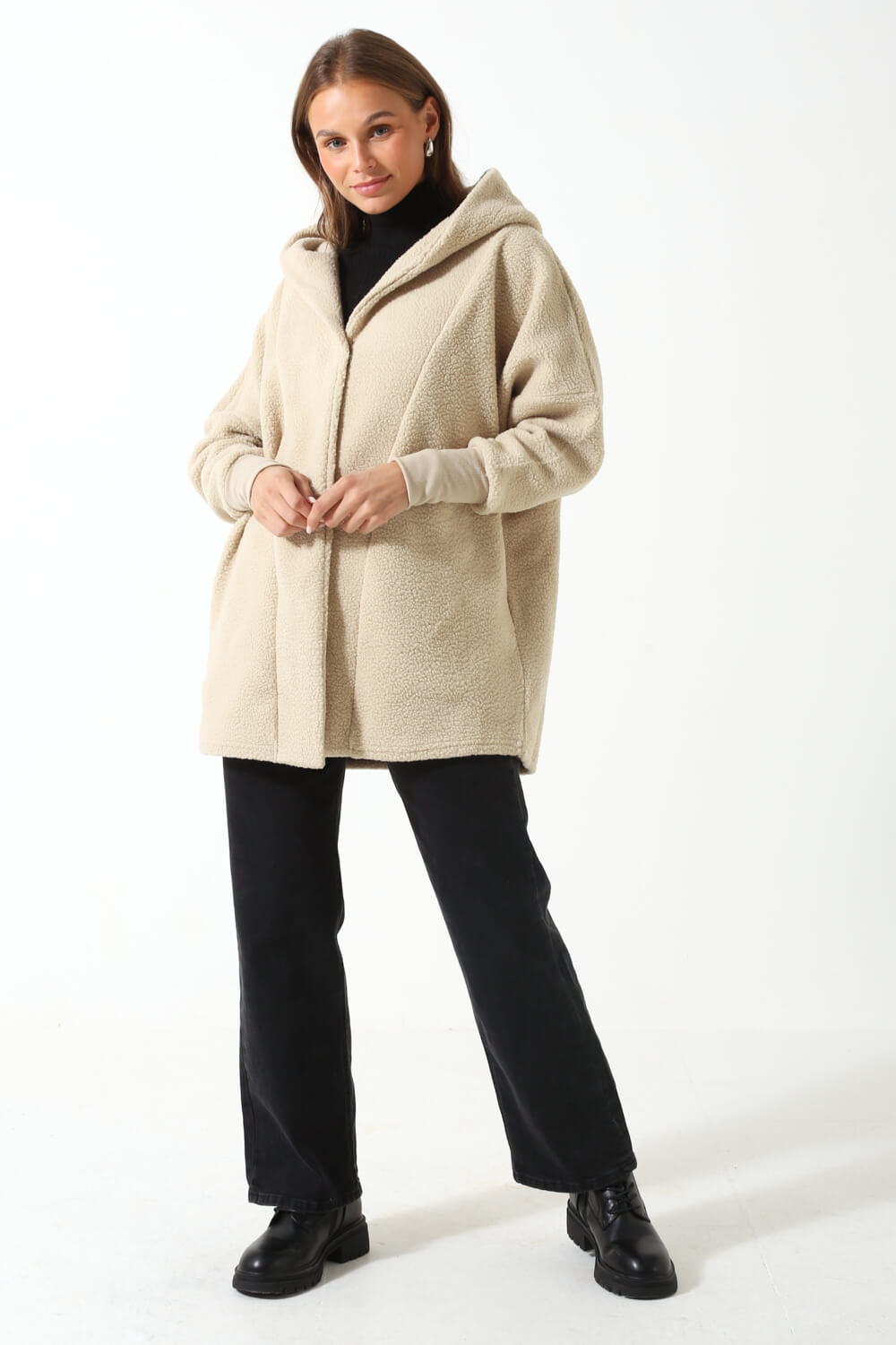 Cozy L/S Shacket with Hood in Stone