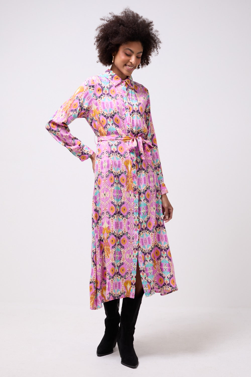 Sammy Abstract Print Collared Shirt Midi Dress in Pink