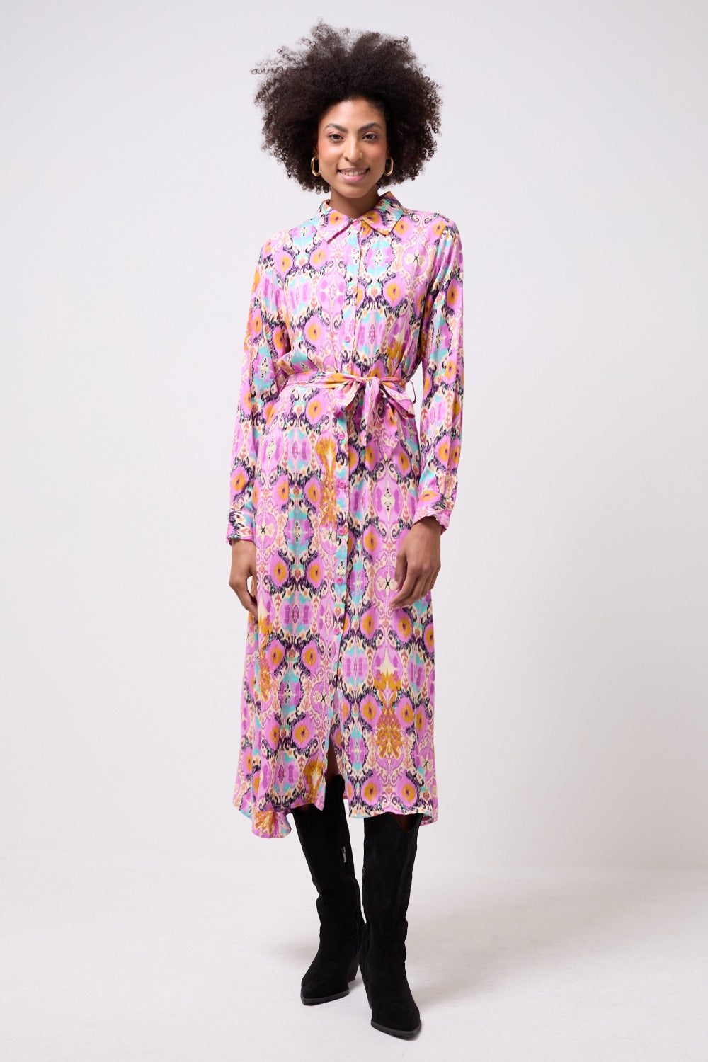 Sammy Abstract Print Collared Shirt Midi Dress in Pink