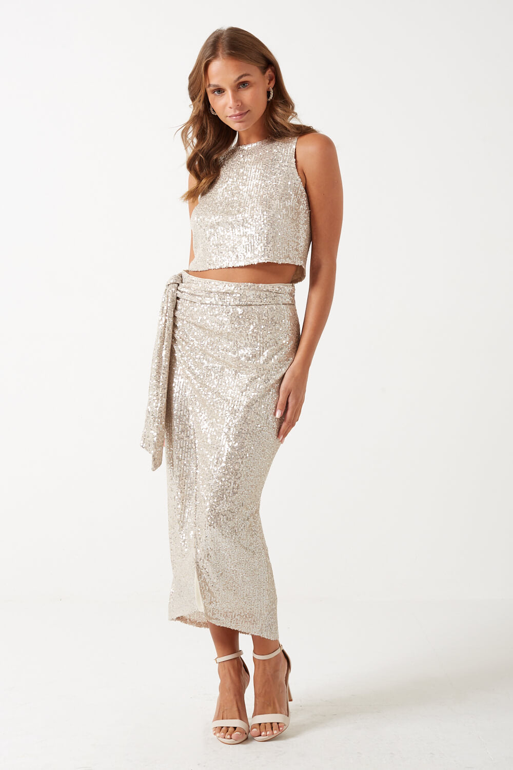 Emily Wrap Sequin Midi Skirt in Champagne