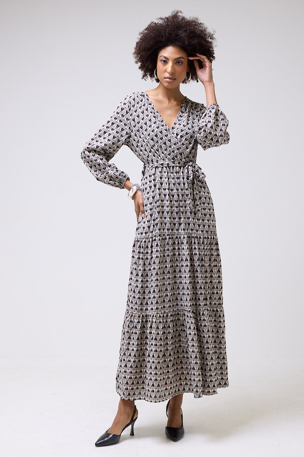 Zelia Faux Wrap Long Sleeve Abstract Print Maxi Dress in Grey