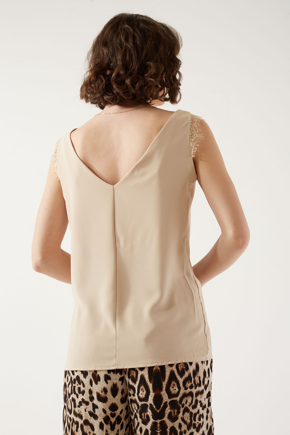 Janete Lace Detail Satin Tank Top in Beige