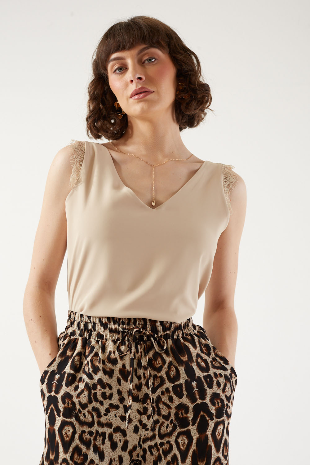 Janete Lace Detail Satin Tank Top in Beige