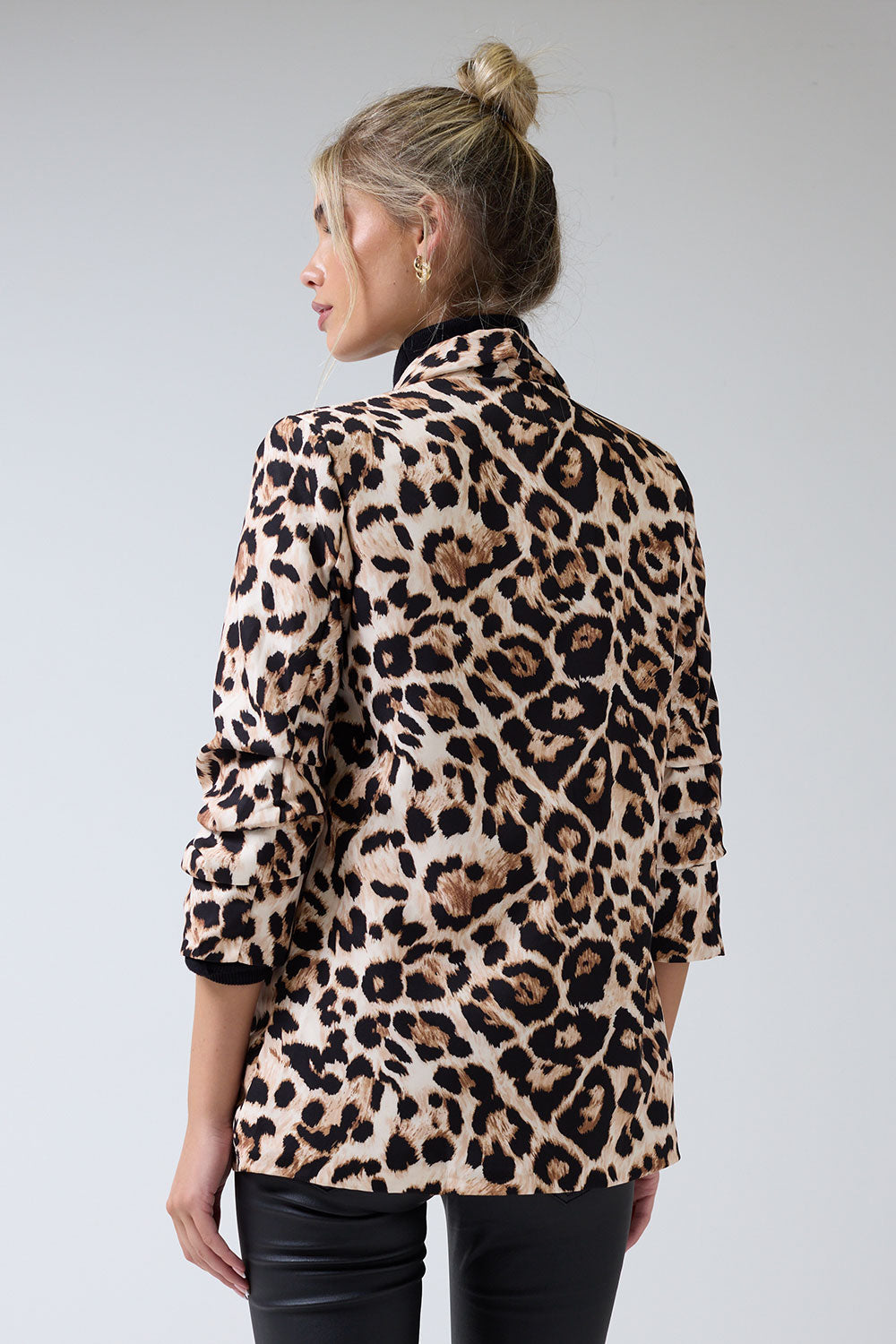 Chantel Leopard Print Ruched Sleeve Blazer in Beige