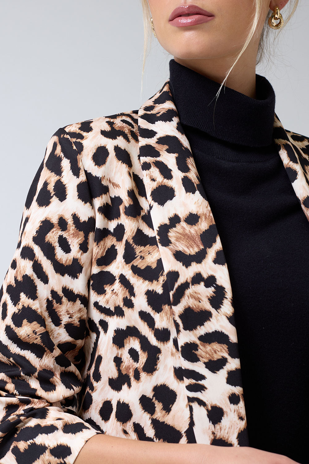 Chantel Leopard Print Ruched Sleeve Blazer in Beige