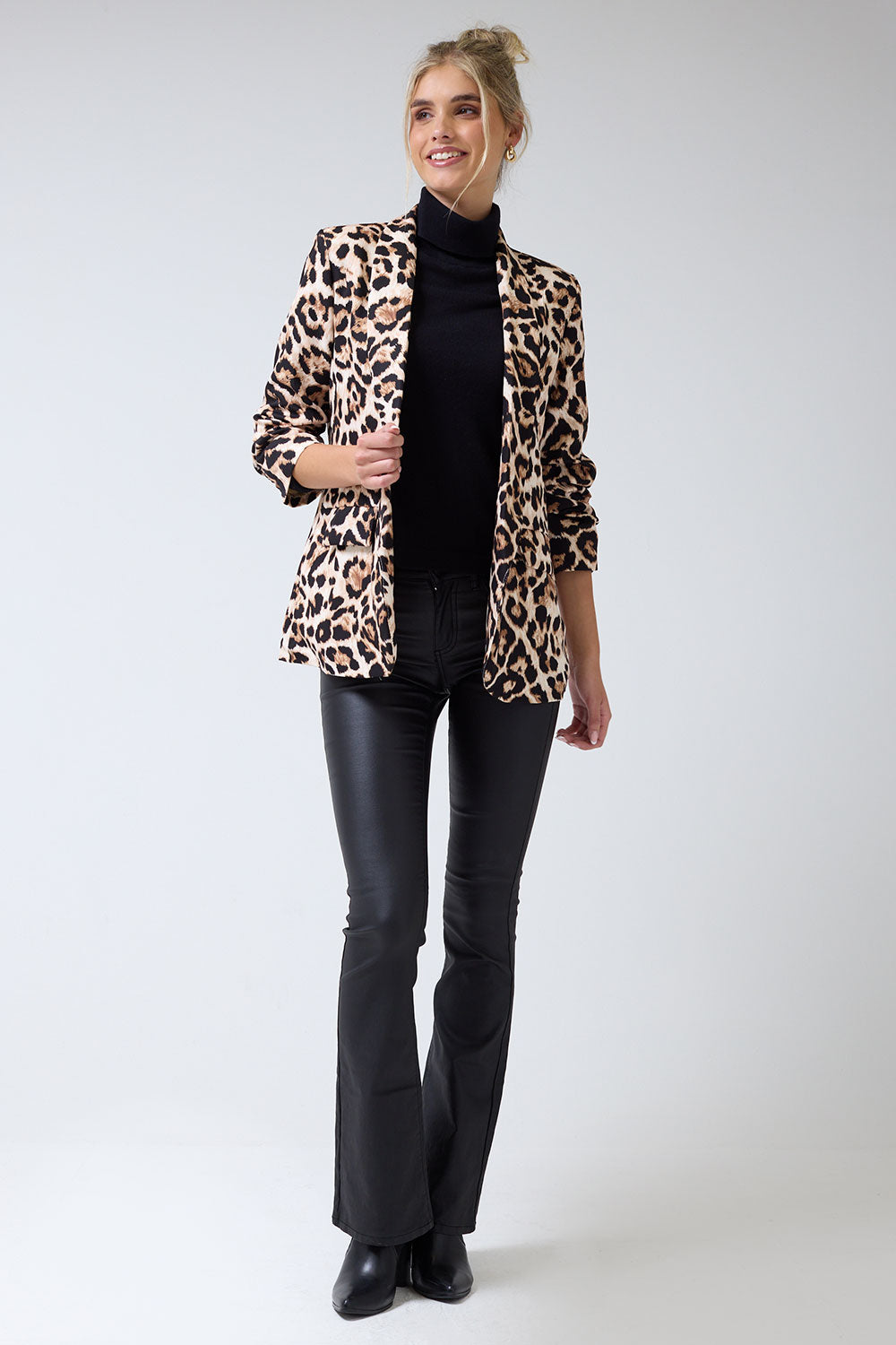 Chantel Leopard Print Ruched Sleeve Blazer in Beige