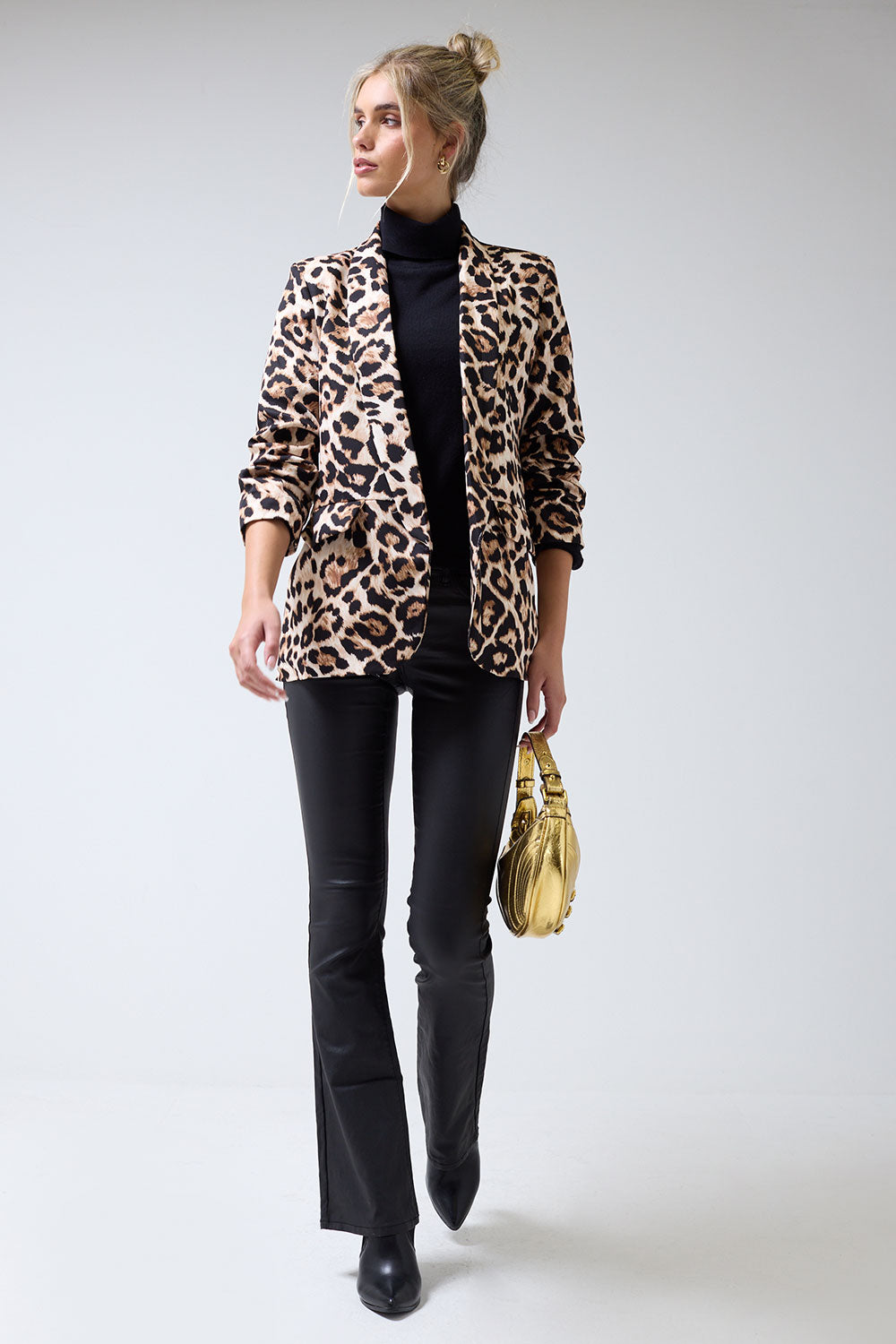 Chantel Leopard Print Ruched Sleeve Blazer in Beige