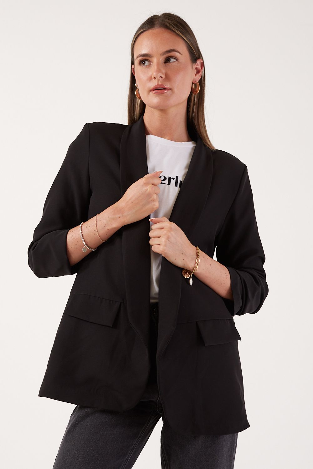 Chantel Ruched Sleeve Blazer in Black