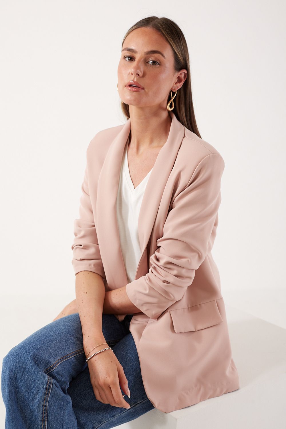 Chantel Ruched Sleeve Blazer in Blush