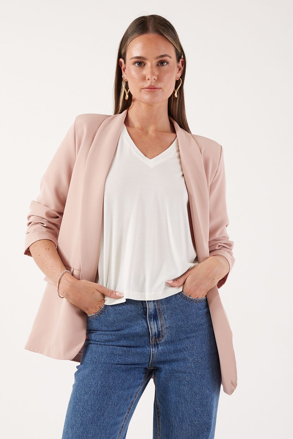 Chantel Ruched Sleeve Blazer in Blush