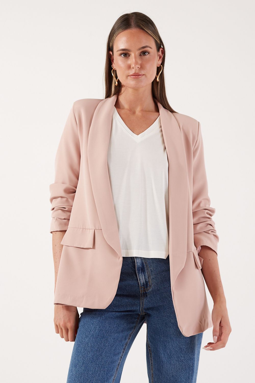 Chantel Ruched Sleeve Blazer in Blush