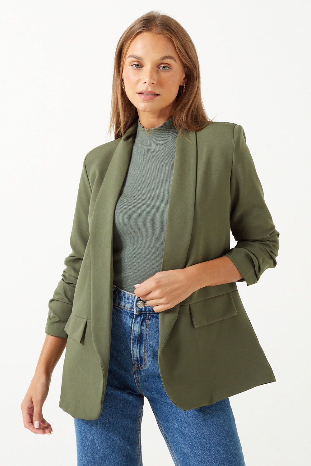 Chantel Gathered Sleeve Blazer in Green Khaki