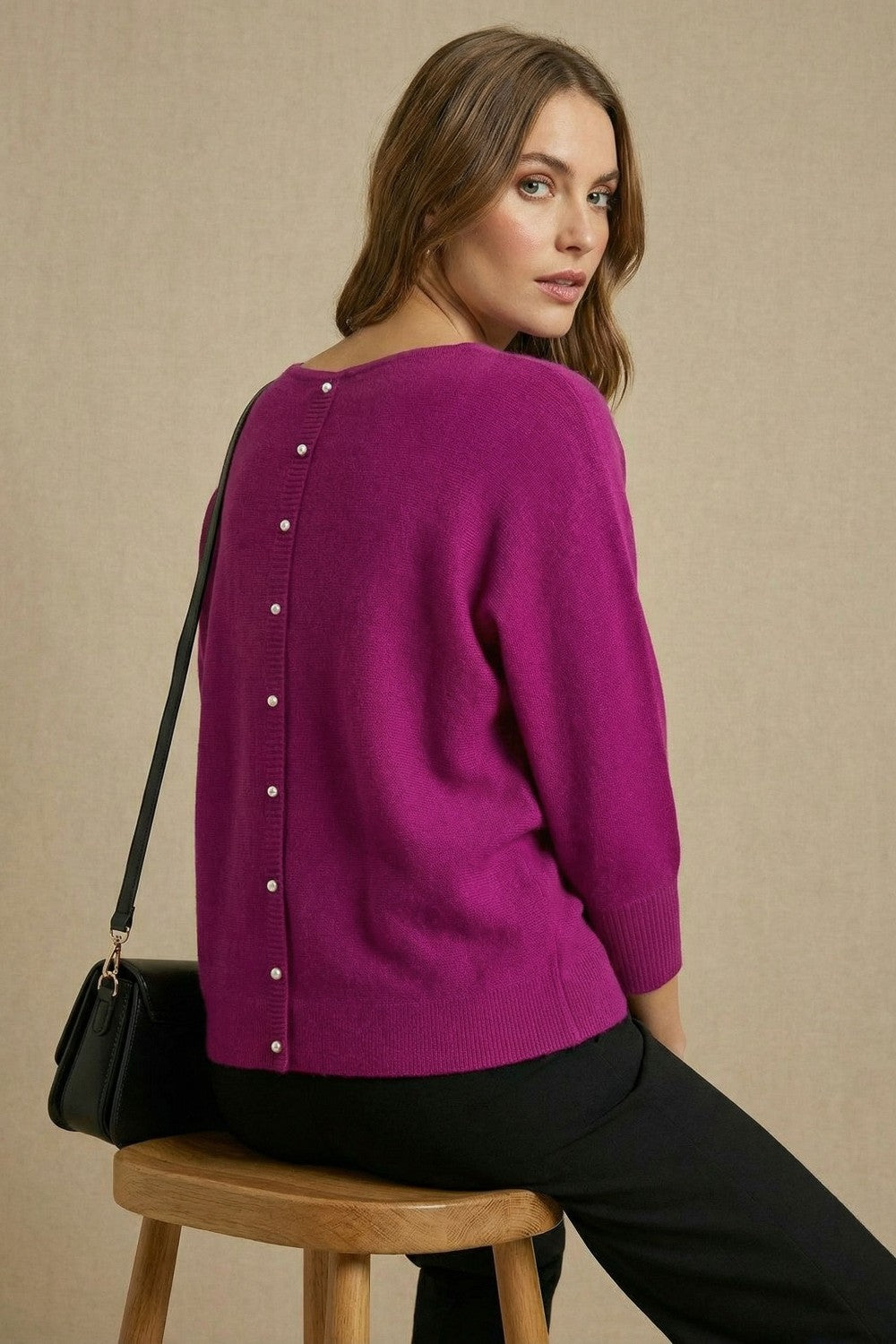 Pearl Detail Soft Knit Top in Magenta